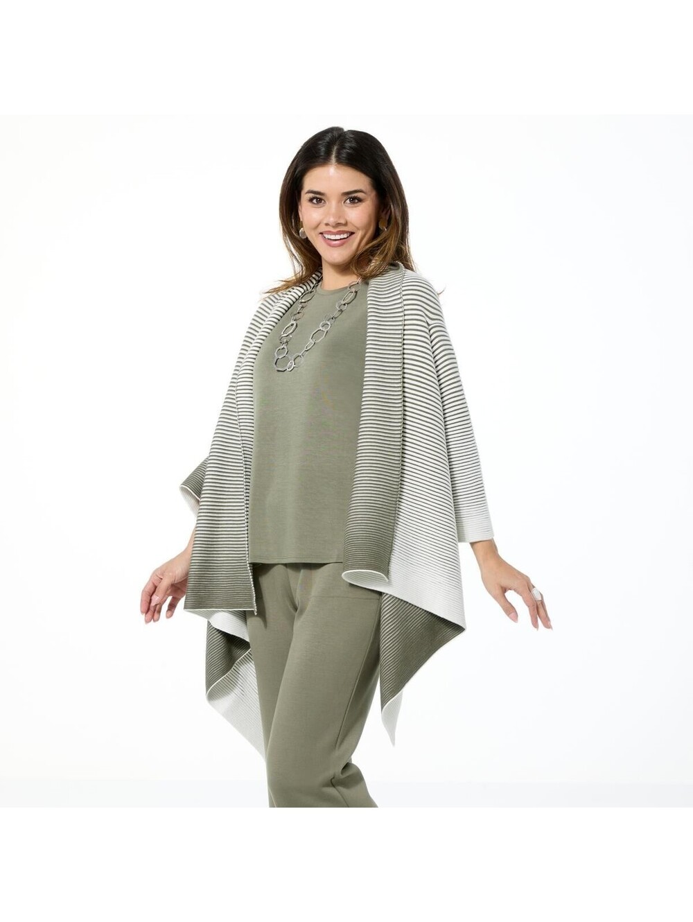 WynneLayers Textured Knit Striped Cardigan OLIVE GREY/WHITE Size L